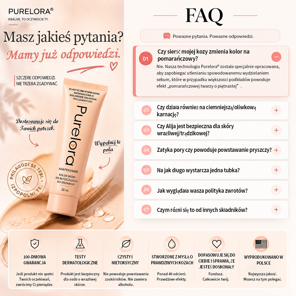 💖【Oficjalny Sklep】PURELORA® AdaptaShade Foundation — Dopasowujący się do kolorytu podkład z pielęgnacyjną formułą