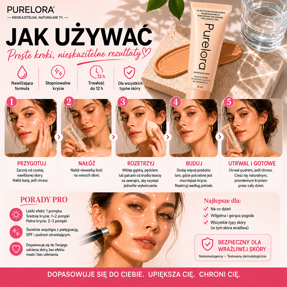 💖【Oficjalny Sklep】PURELORA® AdaptaShade Foundation — Dopasowujący się do kolorytu podkład z pielęgnacyjną formułą