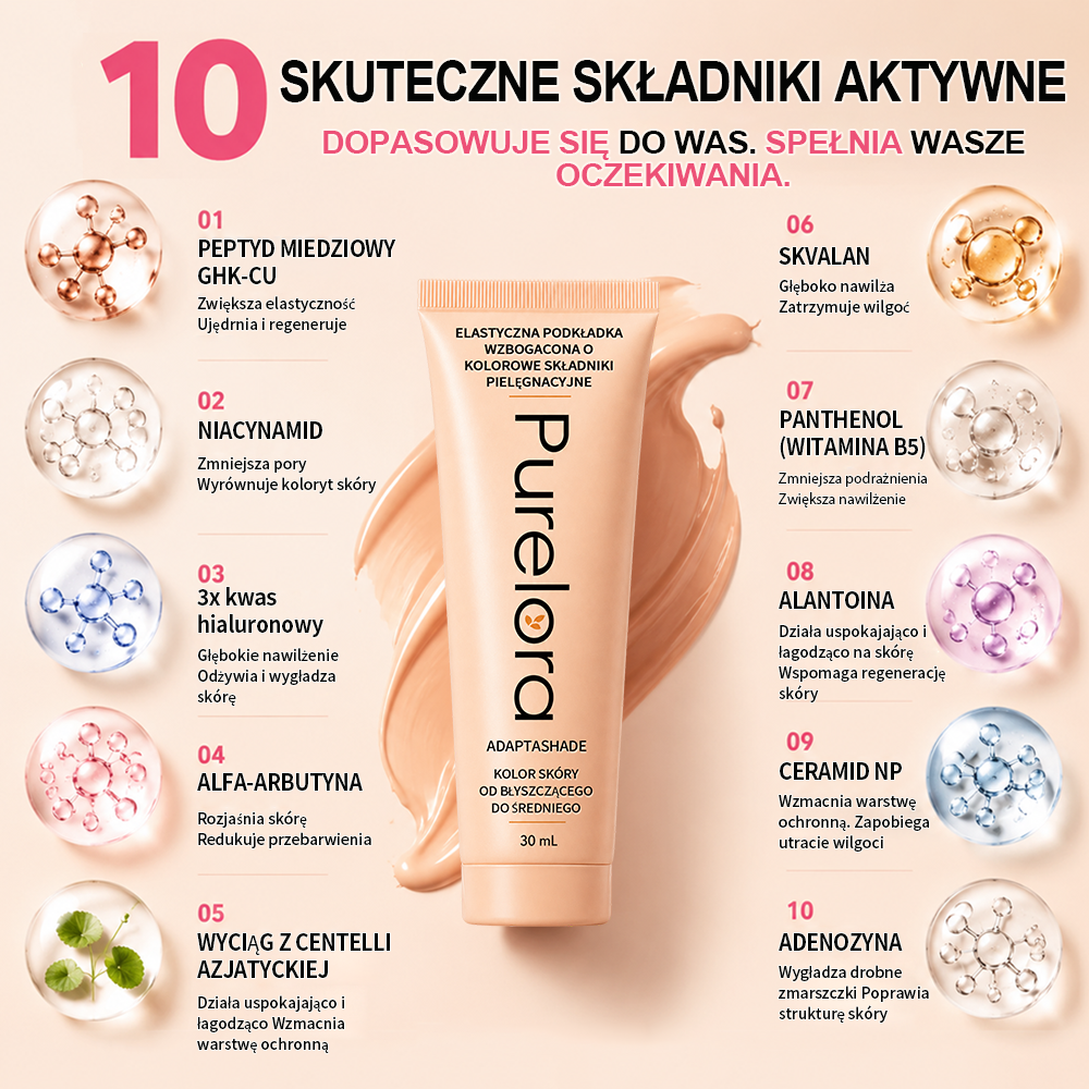 💖【Oficjalny Sklep】PURELORA® AdaptaShade Foundation — Dopasowujący się do kolorytu podkład z pielęgnacyjną formułą
